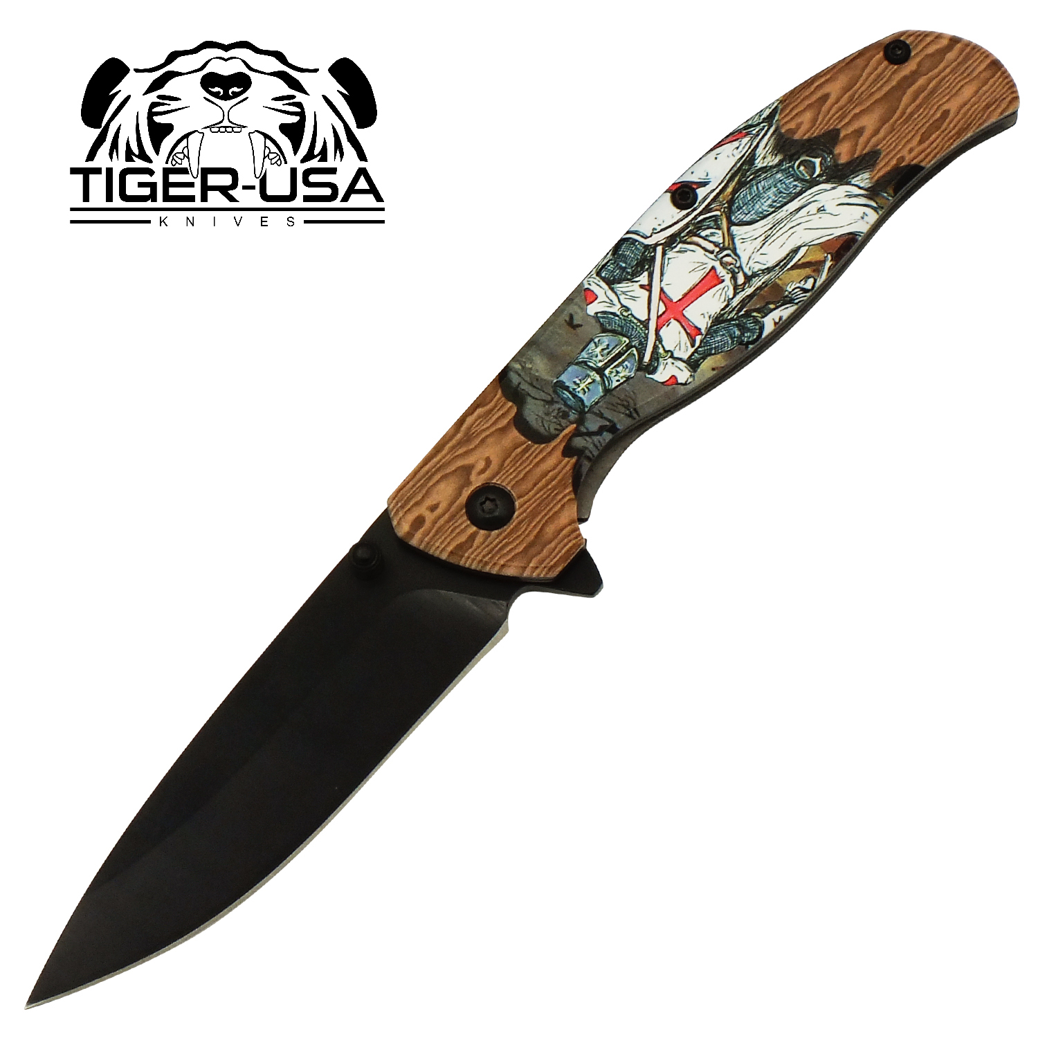 Holy Knight Crusader Spring Assisted Black Blade Folding Knife